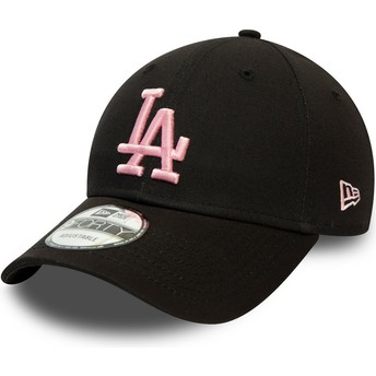 New Era Curved Brim Pink Logo 9FORTY League Essential Los Angeles Dodgers MLB Black Adjustable Cap